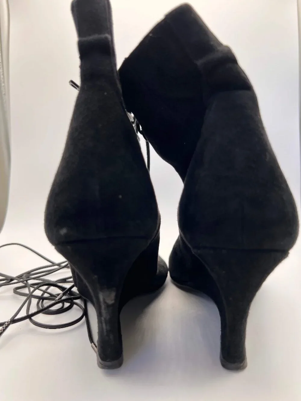 Narciso Rodriguez Black Suede Peep Toe Corset Lace Up Wedge Booties Size 8